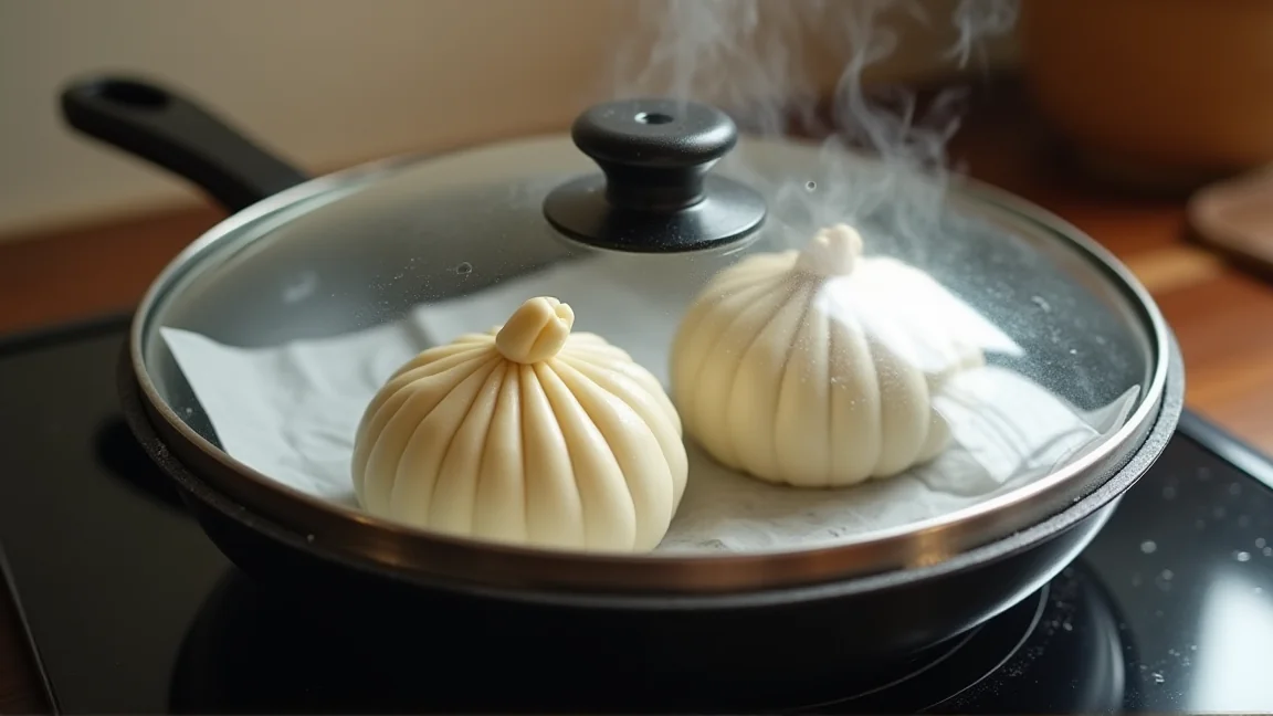 ガラスのふたをしたフライパンで蒸している肉まん