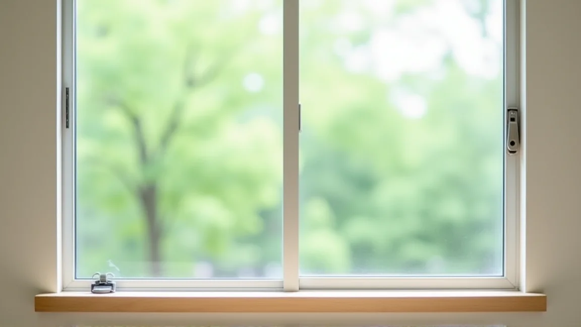 室内から見た、閉めた引違い窓。2枚の障子が重なる中央にクレセント錠が付いている
