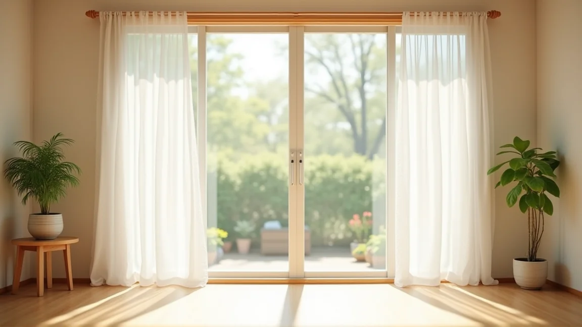 レースのカーテンを開けた、明るいリビングの掃き出し窓