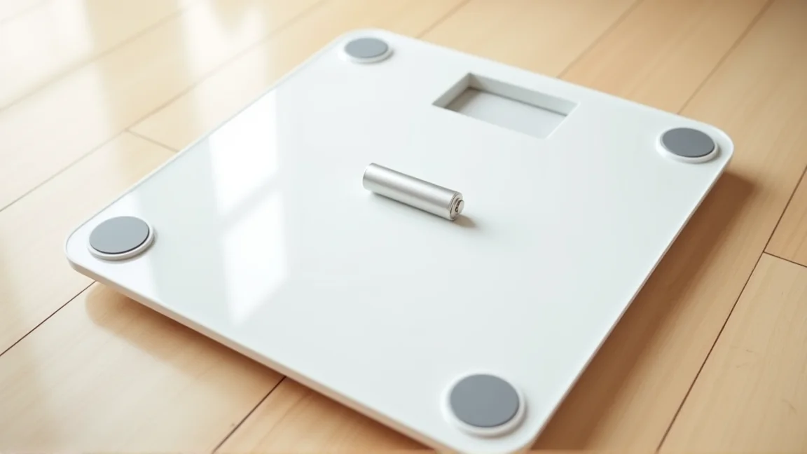 裏返した体重計の電池ボックスと、電池1本