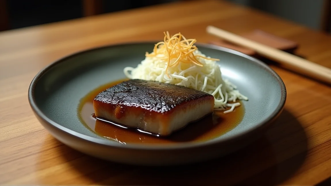 器に盛った煮魚。手前に白髪ねぎと針しょうがを添えて