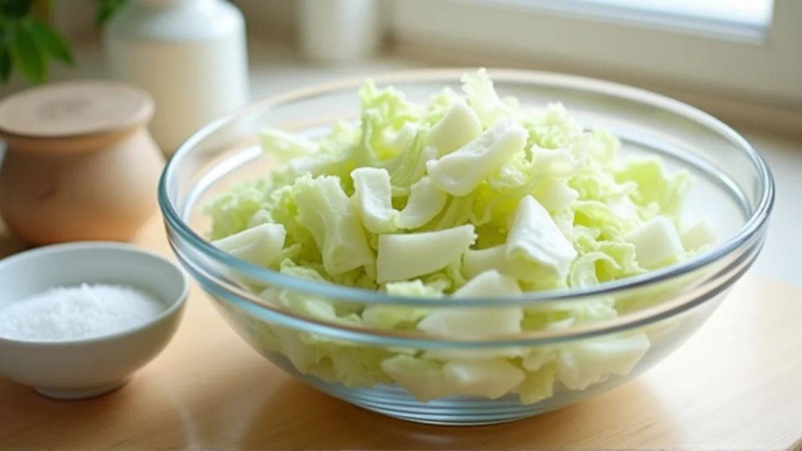 ざく切りにした白菜と、小皿に盛った粗塩