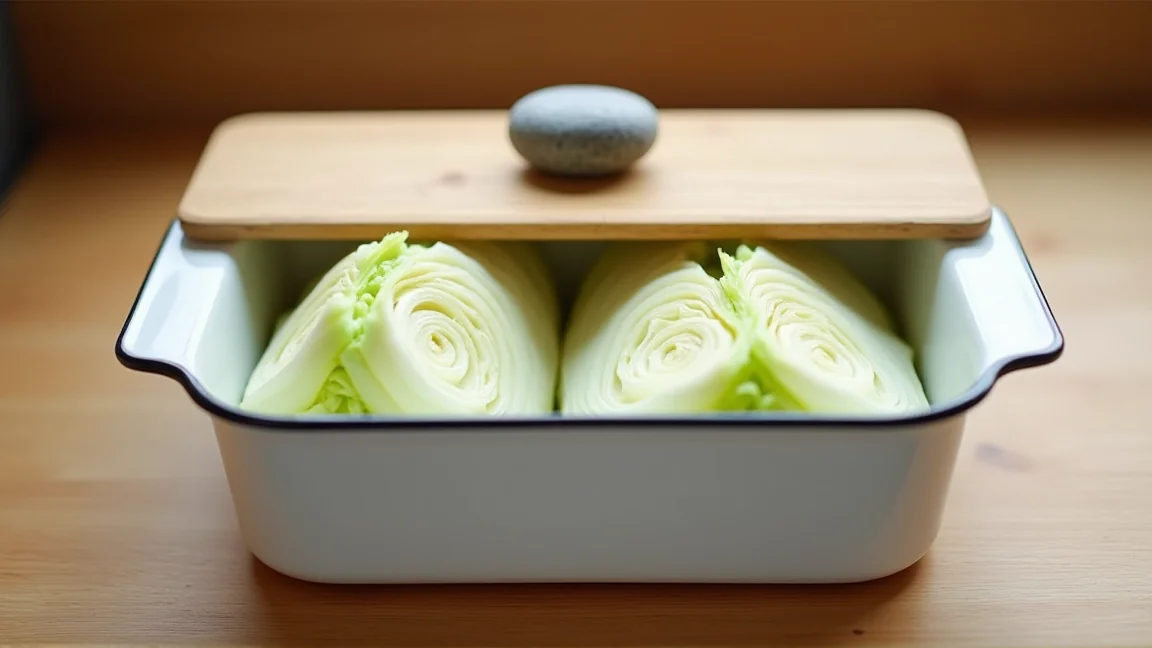 4つ割りの白菜を容器に詰め、落としぶたの上に平らな石の重しをのせたところ