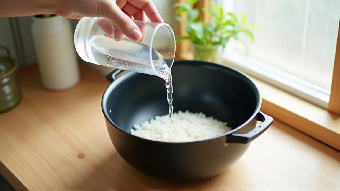 洗った米を入れた内釜に、ピッチャーで水を注いでいるところ