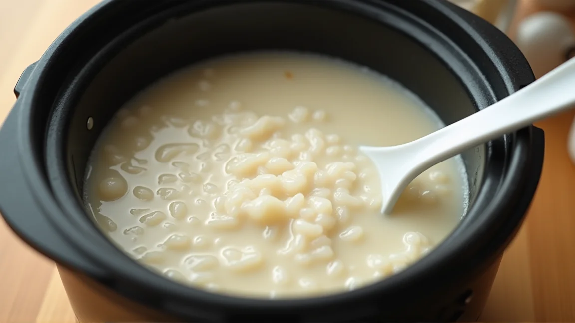 炊き上がったおかゆと、内釜に差した樹脂のしゃもじ
