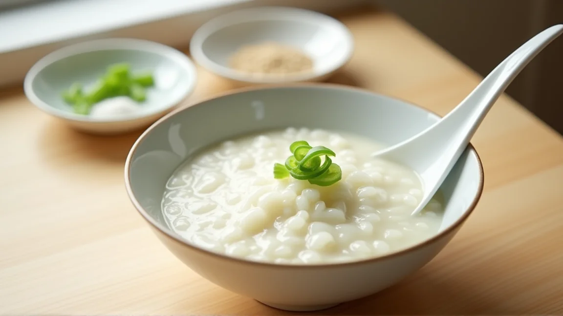 器によそったおかゆと、刻みねぎ・白ごま・塩の小皿