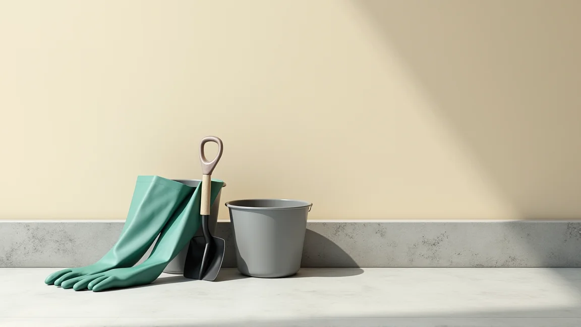 地面に並べた掃除の道具（厚手のゴム手袋、プラスチックの移植ごて、バケツ、ごみ袋）