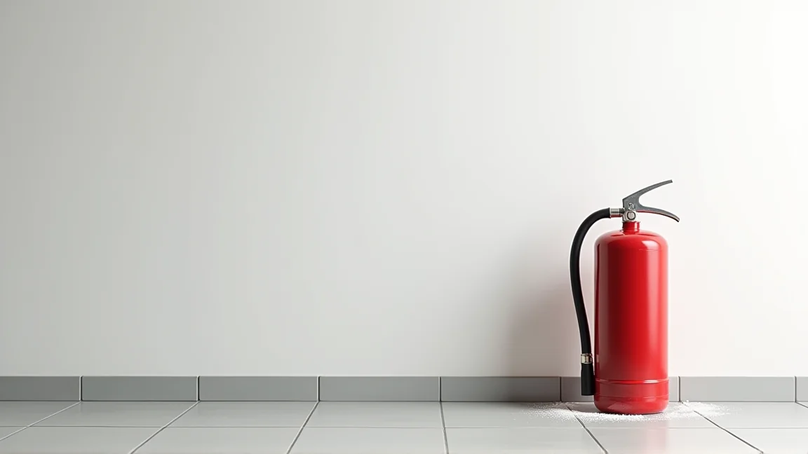 使い終わって中身が空になった消火器。ノズルの先と床に白い粉が少し残っている