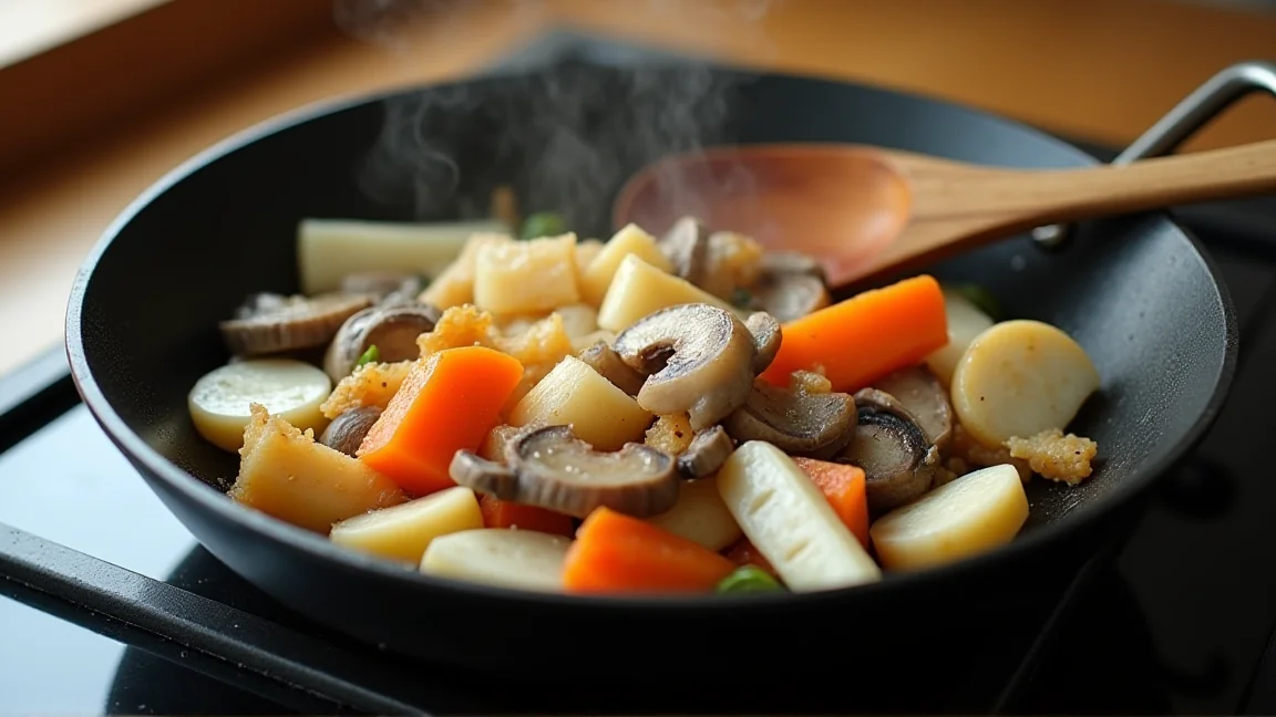 鶏肉を取り出したあと、根菜とこんにゃく、しいたけを炒めたフライパン