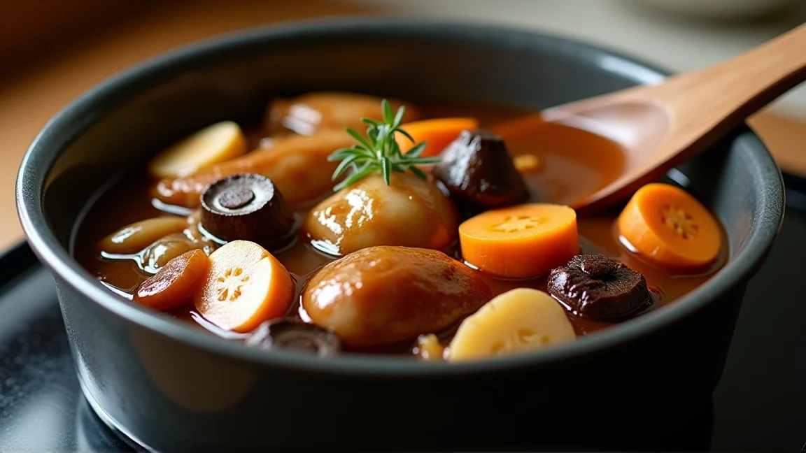 煮汁をからめて照りを出した、鍋の中の筑前煮
