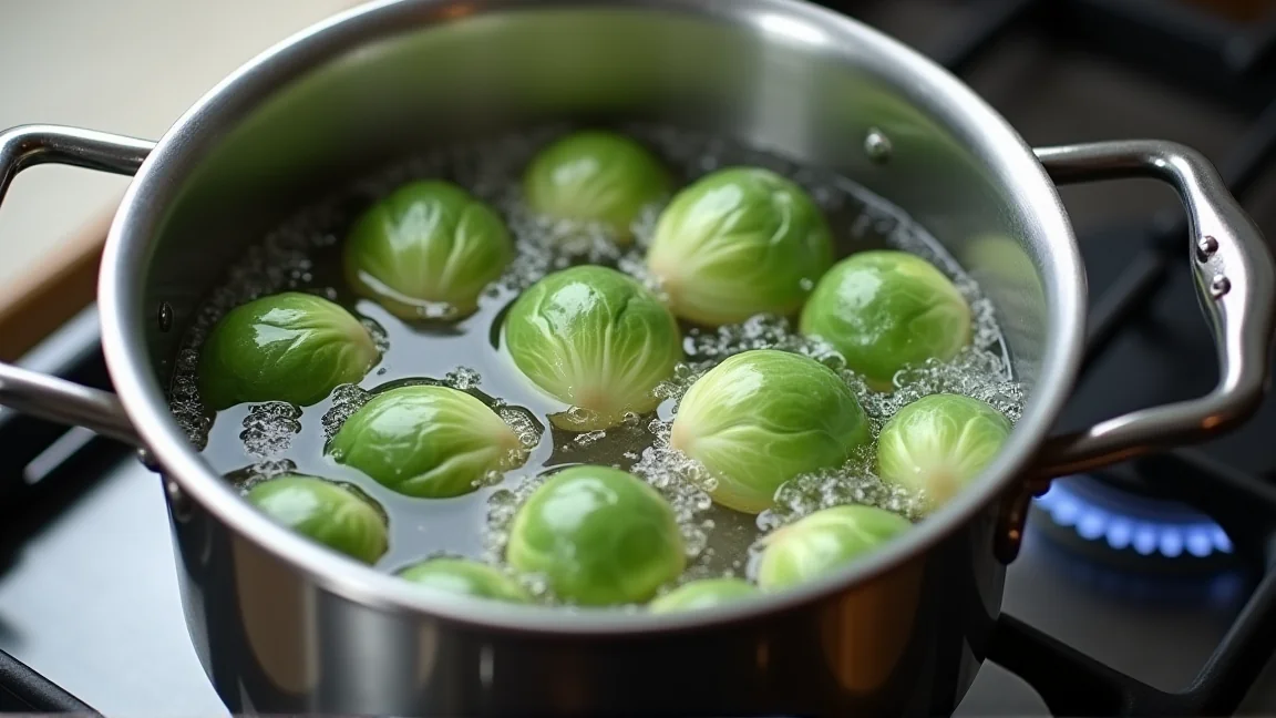 沸騰した湯で茹でている芽キャベツ