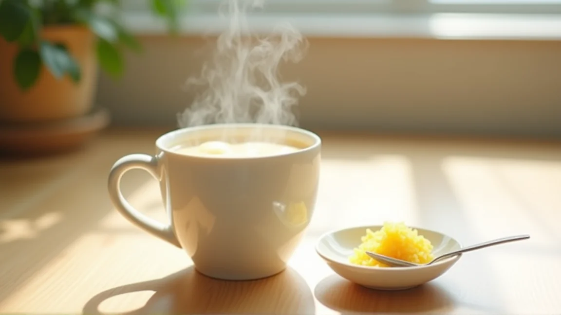 キッチンの台に置いた生姜湯のマグカップと、小皿に盛ったすりおろし生姜