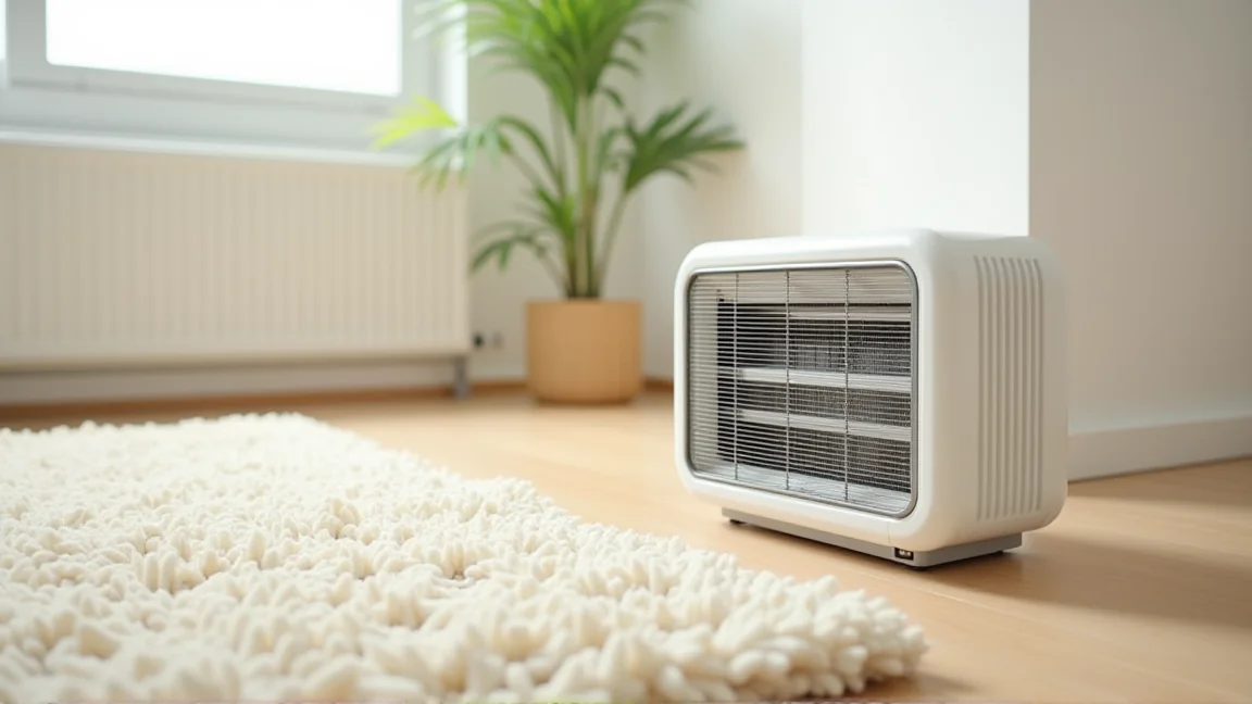 毛足の長いラグを避けて、硬い床に置き直した電気ストーブ