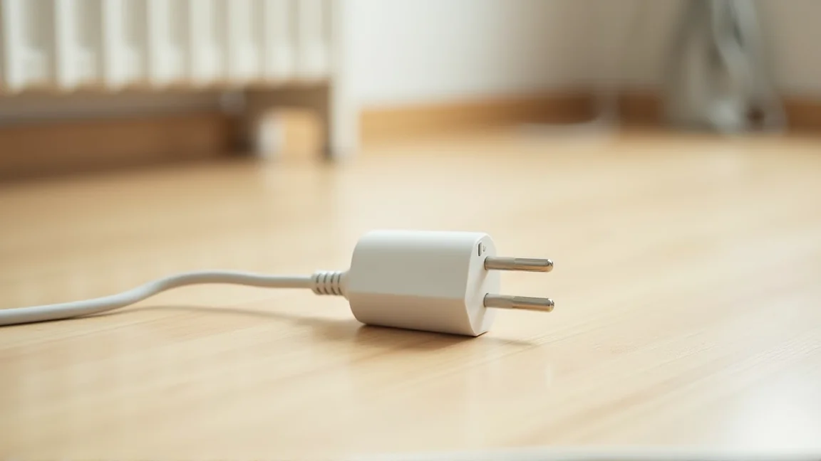 電源を抜いて、床に置いた電気ストーブのプラグ