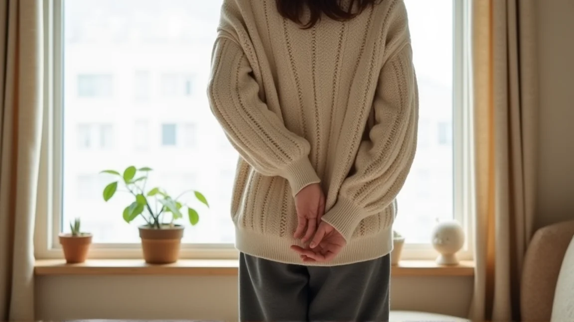 セーターの上から腰に手を当てている後ろ姿
