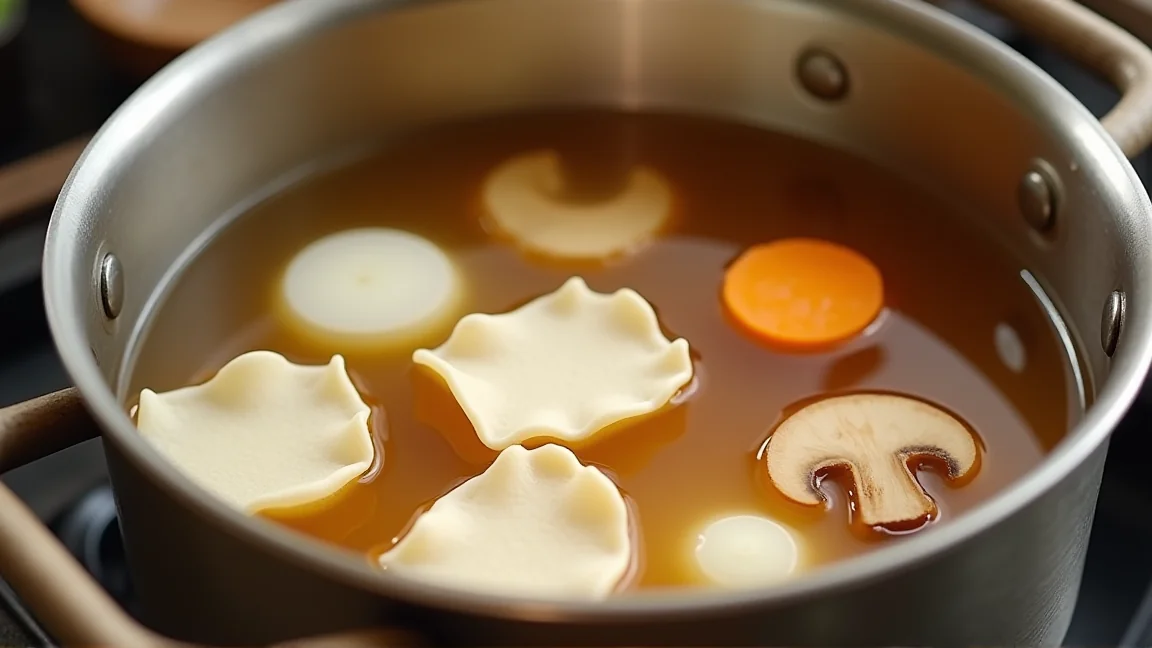 根菜としいたけを煮たしょうゆ味の汁に、薄くちぎっただんごが浮いている鍋