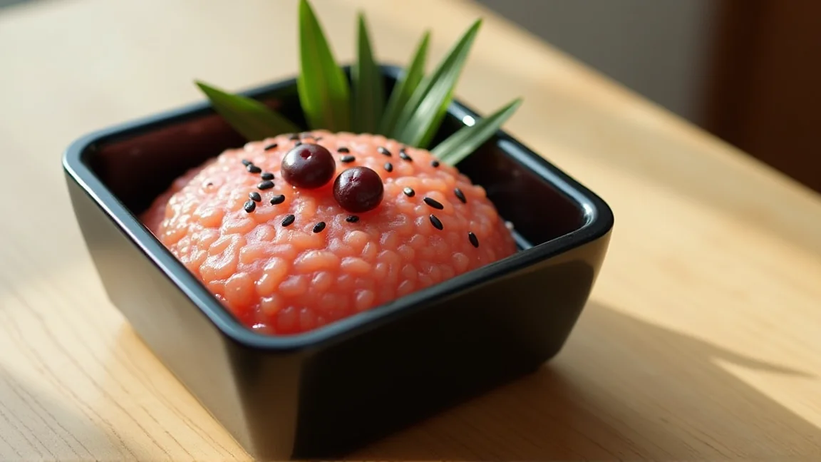 重箱に詰めて黒ごまをふり、緑の葉を添えた赤飯