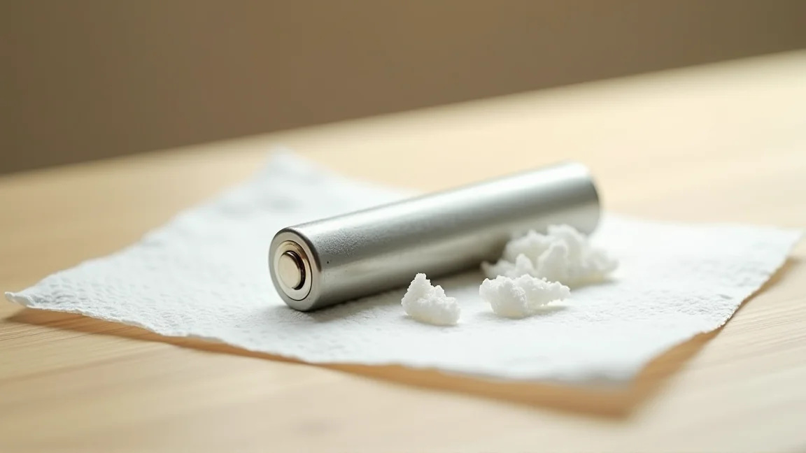 白い粉がこびりついた乾電池1本を、キッチンペーパーの上に置いたところ