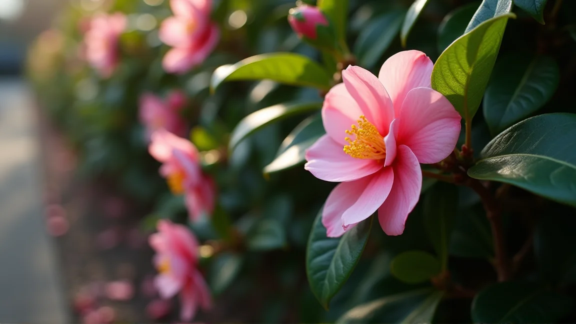 生け垣に咲き始めたサザンカの花
