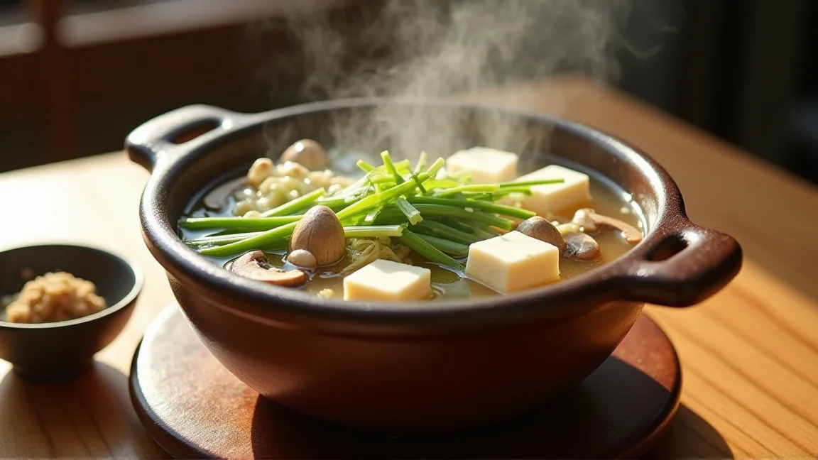 土鍋で煮える白菜・豆腐・ねぎ・しいたけ・春菊の鍋