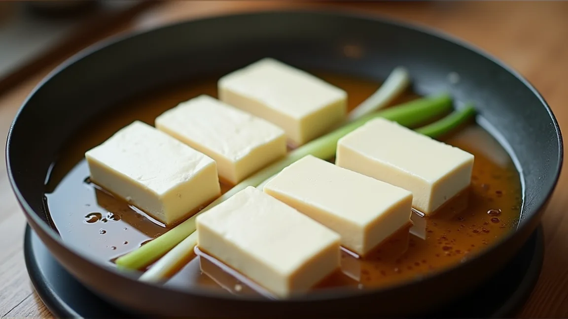 煮汁に入れたばかりで、まだ白い木綿豆腐