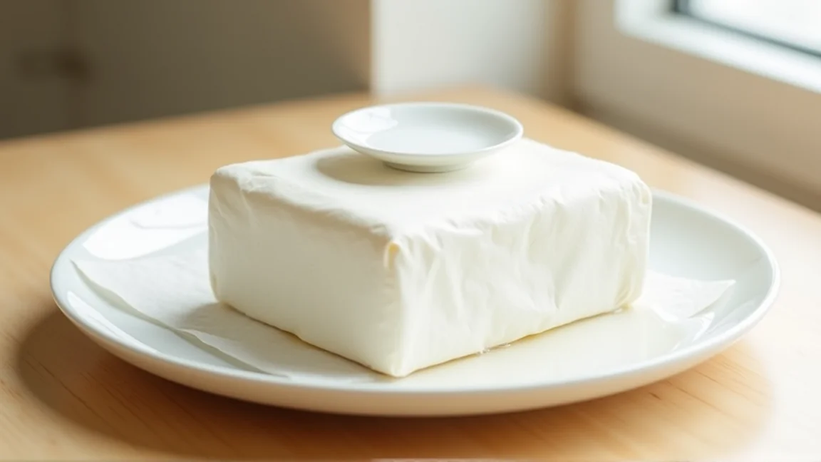 キッチンペーパーで包み、小皿をのせて水切りしている木綿豆腐