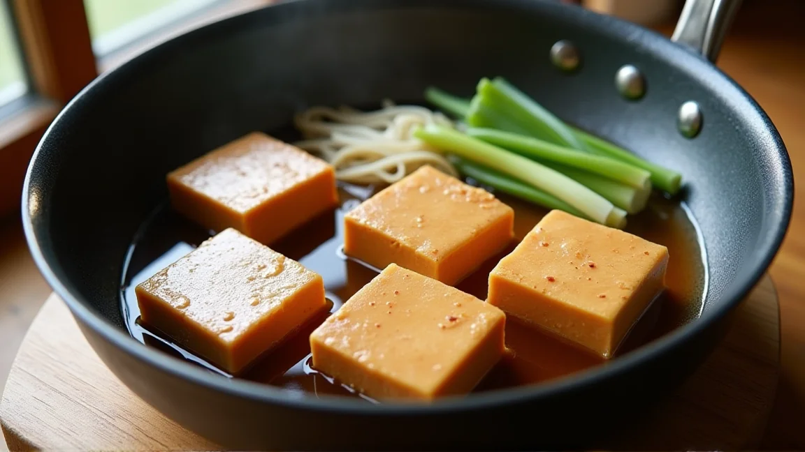 火を止めて置いたあと、全体が薄い茶色に色づいた豆腐と長ねぎ