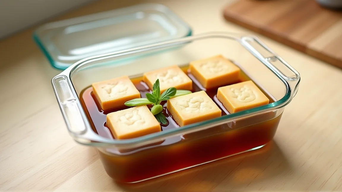 豆腐と長ねぎを煮汁ごと移した保存容器