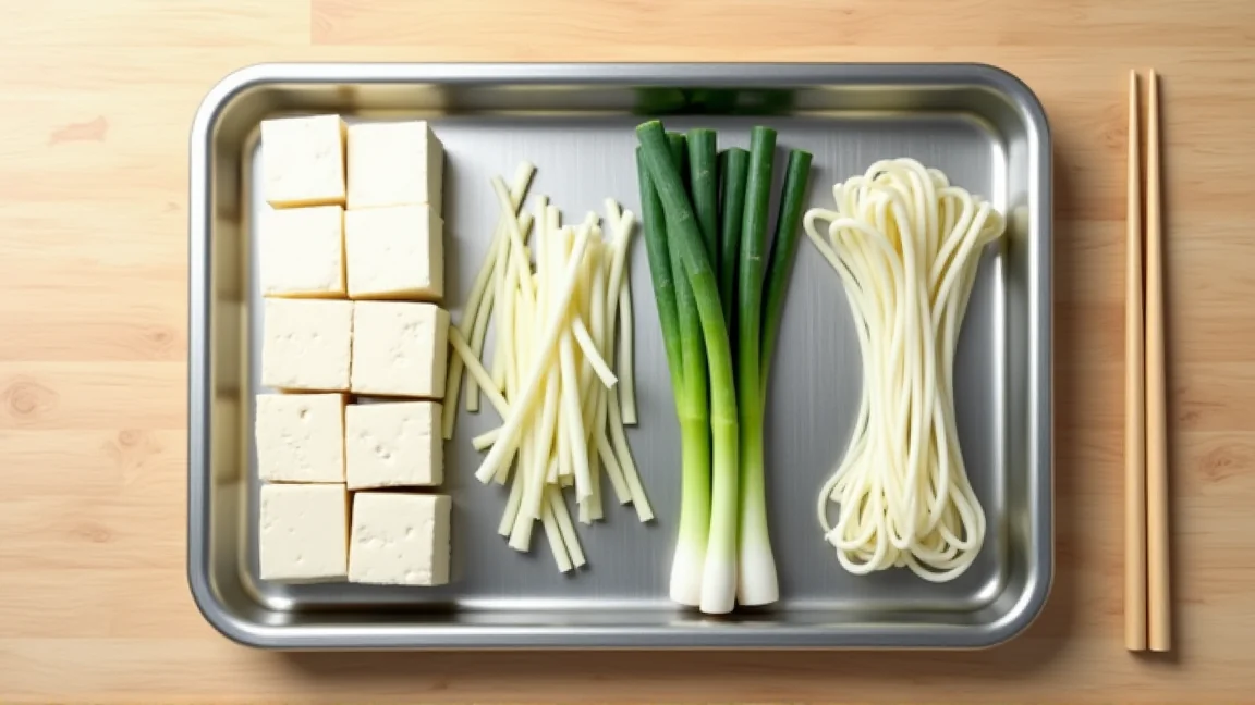 切り分けた木綿豆腐、斜め切りの長ねぎ、しらたきを並べたバット