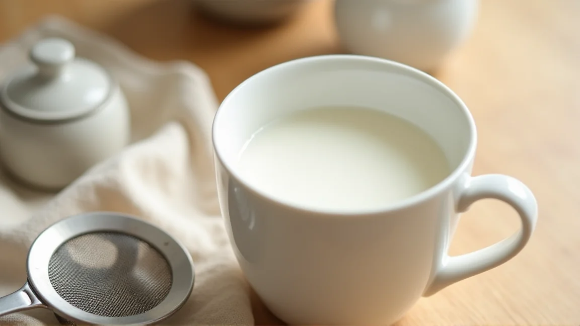 ホットミルクのマグと、そばに置いた茶こし