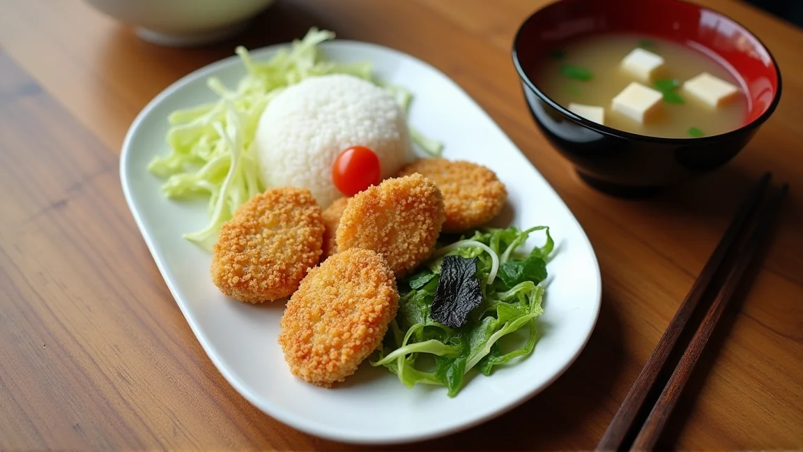 ごはんとみそ汁、千切りキャベツを添えたカキフライの食卓