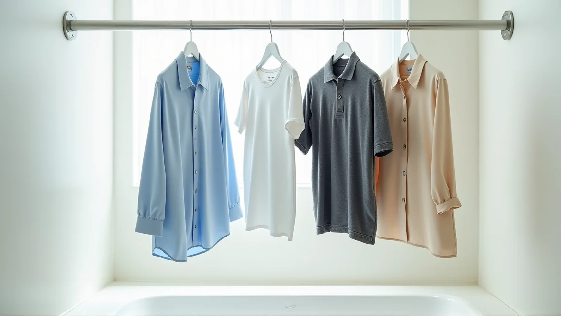 浴室の物干しバーに、丈の長い服と短い服を交互に、間隔をあけて干したところ