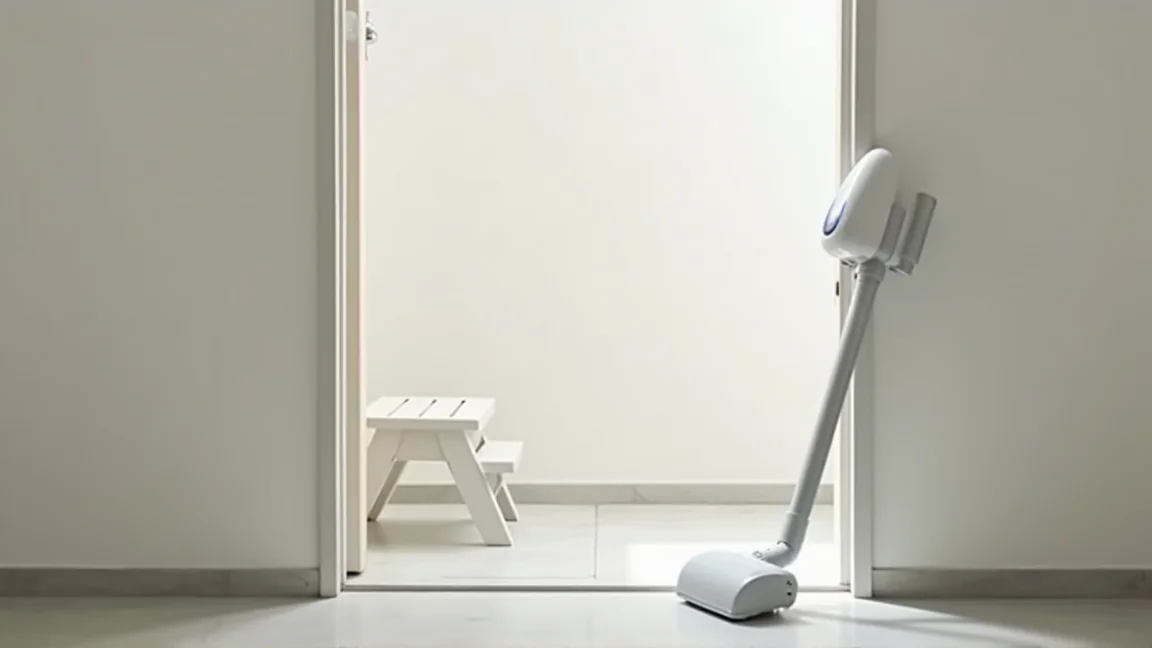 フィルター掃除の前に、浴室の入口に用意した脚立と掃除機