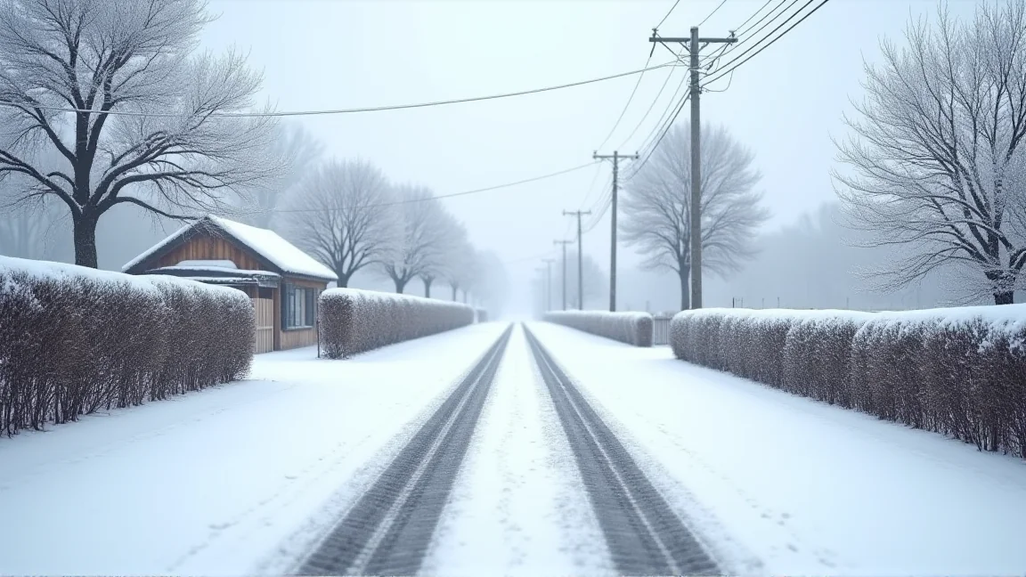 新雪にタイヤの跡が続く冬の朝の道