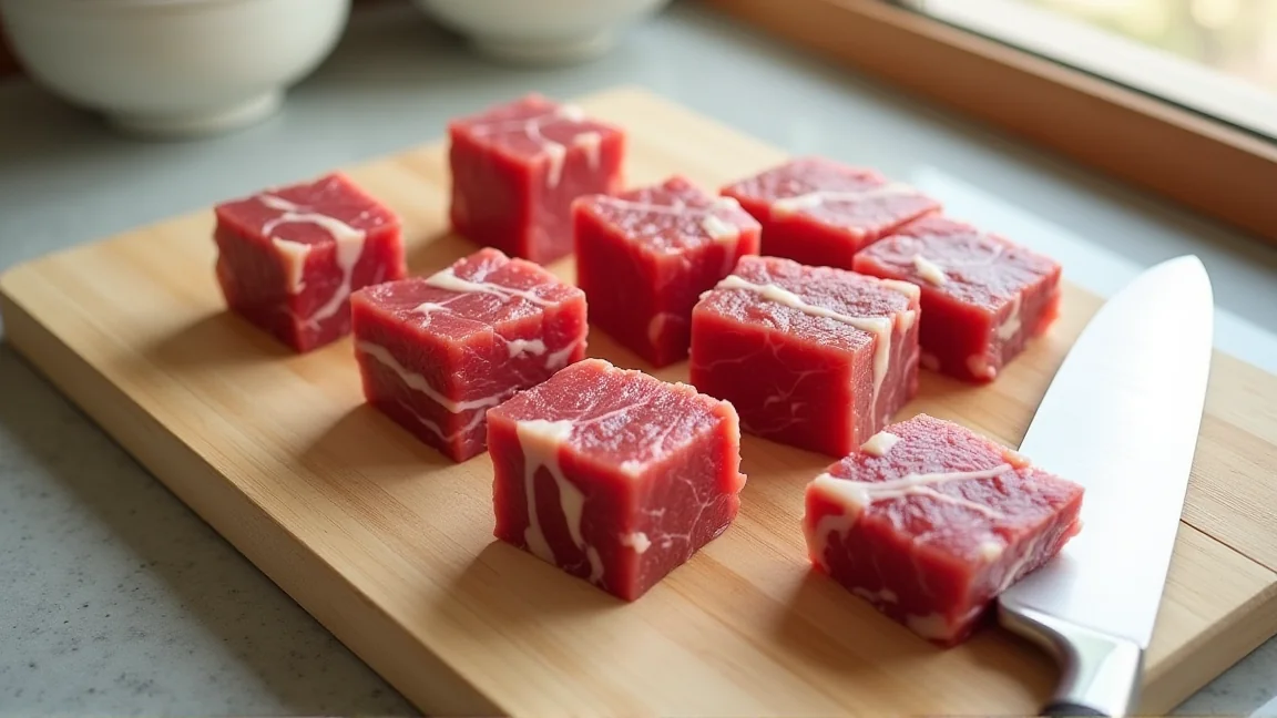 大きめの角切りにした生の牛肉。白いすじが入っている