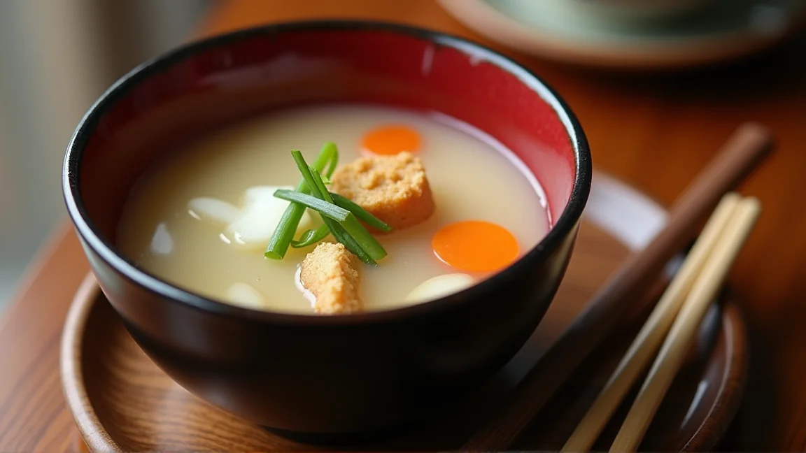 大根、にんじん、油揚げ、ねぎが入った白く濁った粕汁