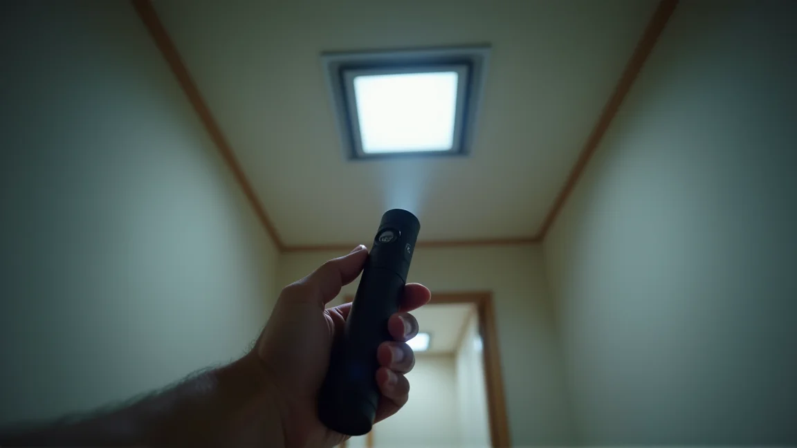 天井の点検口を懐中電灯で照らして確かめる