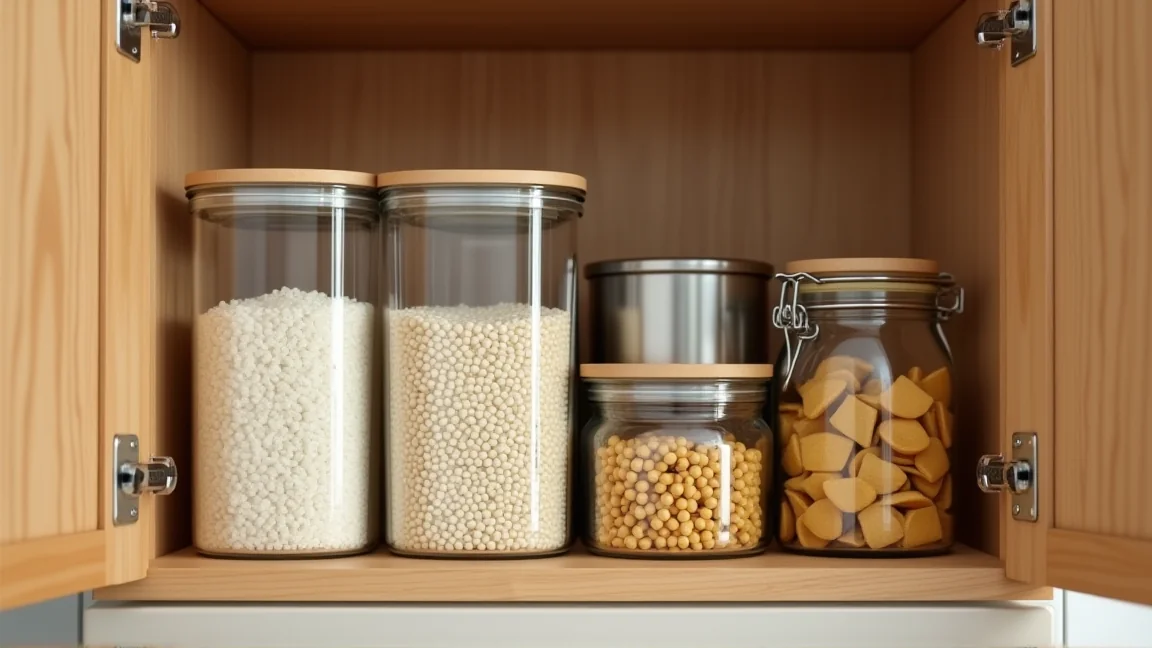 食品をふた付きの容器に入れて戸棚にしまう