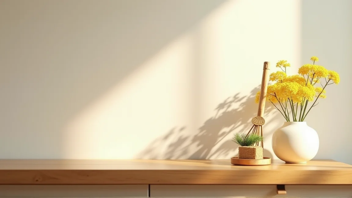 棚の上に置いた小さな置物タイプの熊手と、黄色い小菊を生けた花瓶