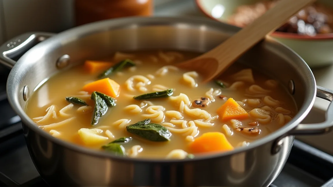 生めんとかぼちゃ、白菜、しいたけを味噌仕立ての汁で煮込んでいる鍋