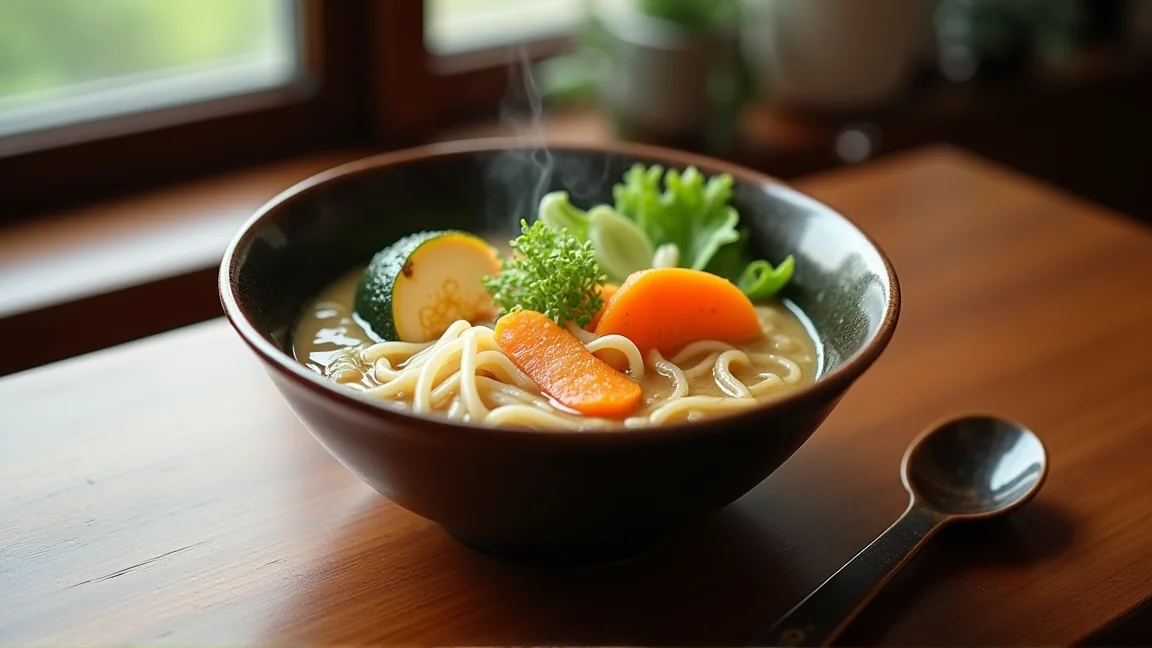 どんぶりに取り分けた、かぼちゃ入りのほうとう