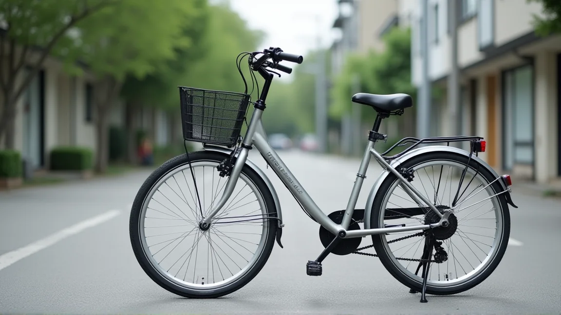 平らな場所でスタンドを立てた、チェーンケース付きのシティサイクル