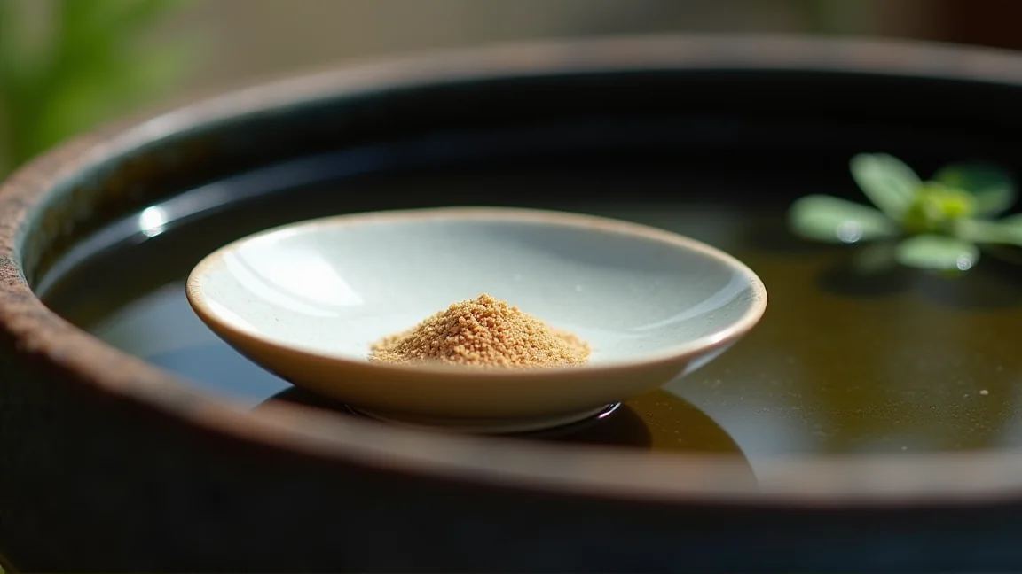 睡蓮鉢の縁に置いた小皿と、ほんの少しの餌