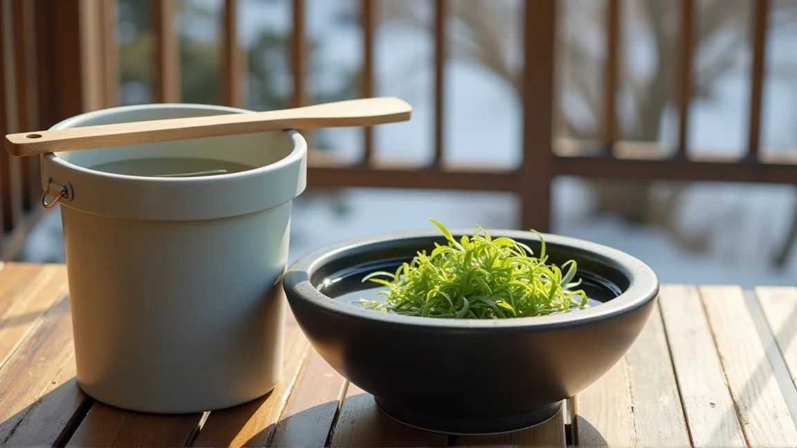 足し水用に、日なたに置いたくみ置きの水のバケツとひしゃく