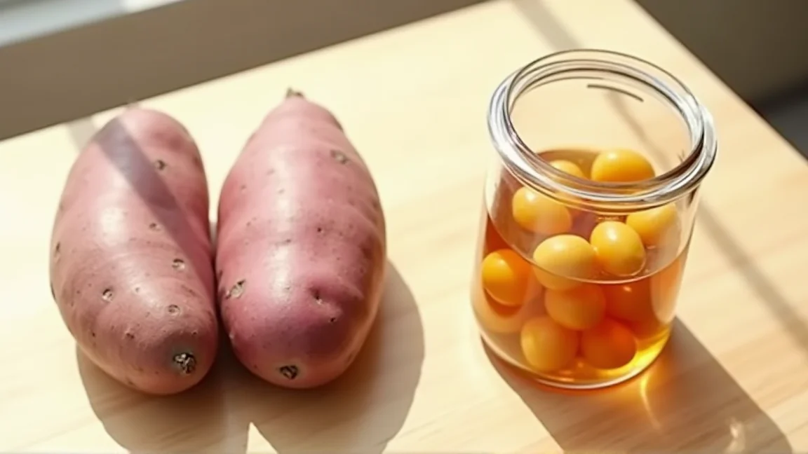 皮つきのさつまいも2本と、ラベルのないガラス瓶に入った栗の甘露煮