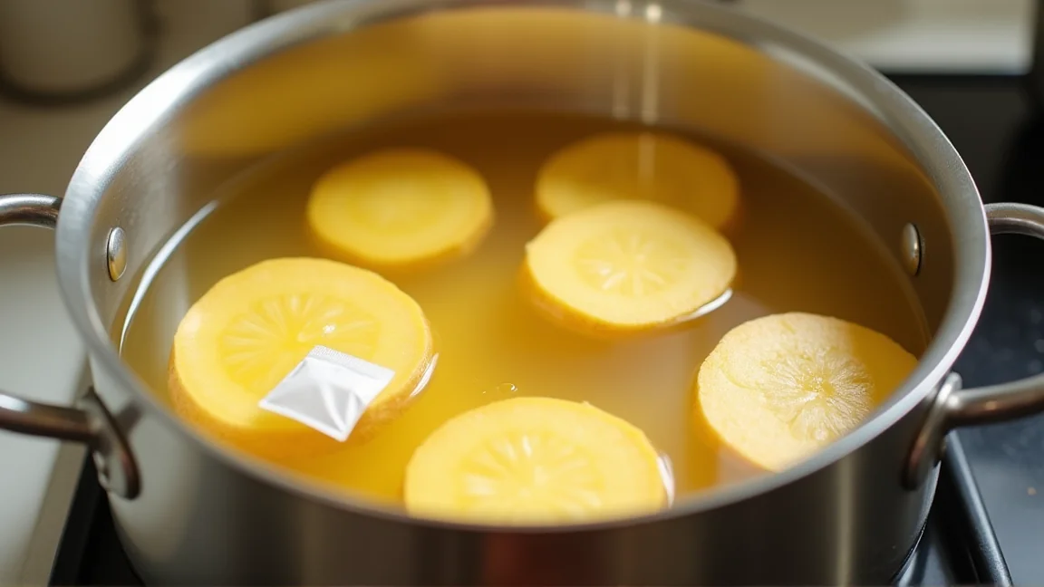 クチナシの実を入れたお茶パックと一緒に、黄色く色づいた湯でゆでているさつまいも