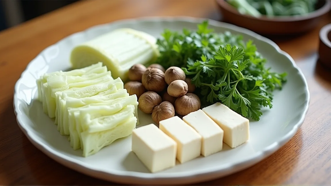 大皿に盛った、白菜・長ねぎ・春菊・しいたけ・えのき・豆腐