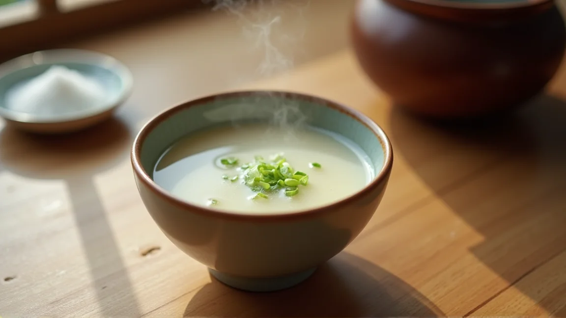 湯のみに注いだ白いスープと、刻みねぎ・塩