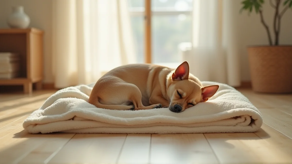 毛布の上で小さく丸まって眠る、毛の短い小型犬