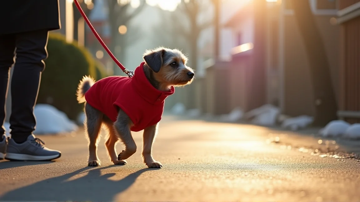 冬の日なたの歩道を、服を着て歩く小型犬と飼い主の足元